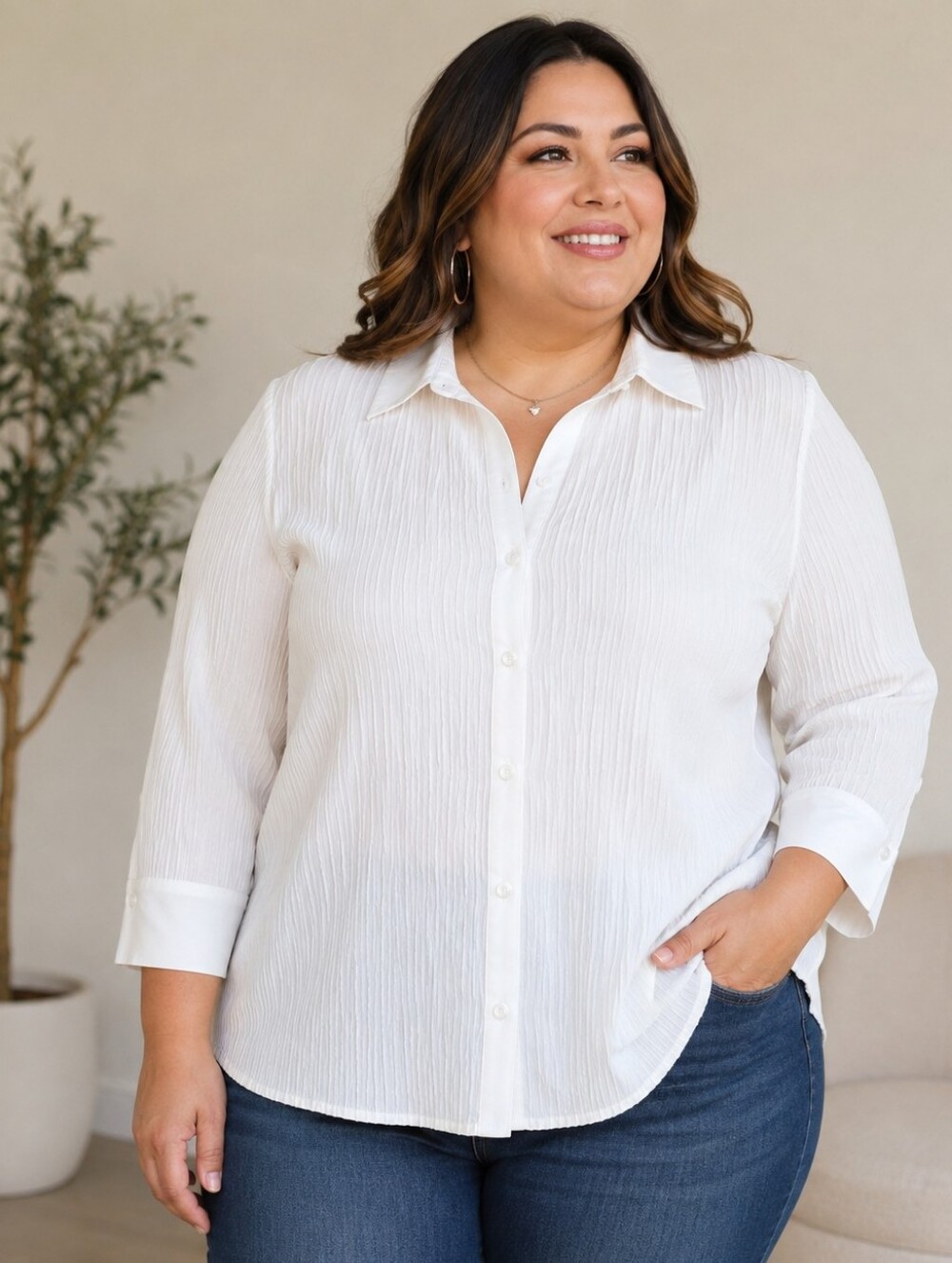 Fred David Ivory Crinkle-Texture Button Down Shirt Size 2XL